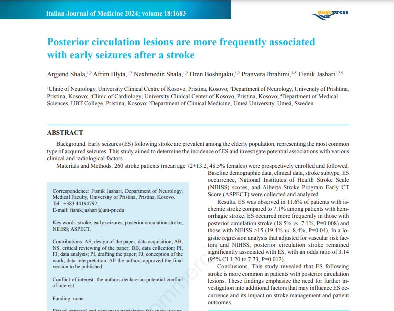 LEZIONET E QARKULLIMIT TË PASMË TË TRURIT SHOQËROHEN MË SHPESH ME SULME EPILEPTIKE TË HERSHME PAS INFARKTIT TRUNOR AKUT